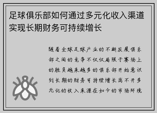 足球俱乐部如何通过多元化收入渠道实现长期财务可持续增长 足球俱乐部如何通过多元化收入渠道实现长期财务可持续增长