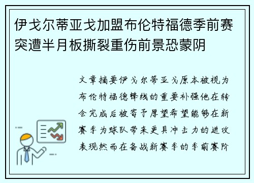 伊戈尔蒂亚戈加盟布伦特福德季前赛突遭半月板撕裂重伤前景恐蒙阴 伊戈尔蒂亚戈加盟布伦特福德季前赛突遭半月板撕裂重伤前景恐蒙阴