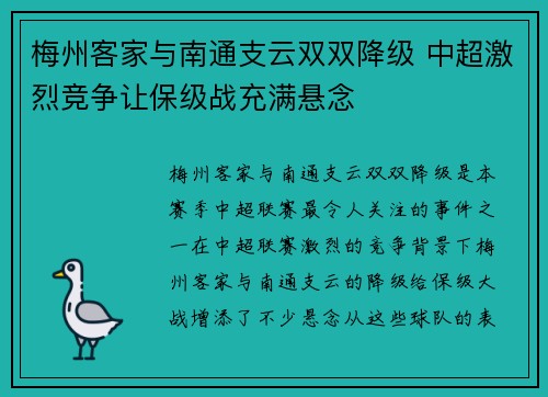 梅州客家与南通支云双双降级 中超激烈竞争让保级战充满悬念 梅州客家与南通支云双双降级 中超激烈竞争让保级战充满悬念